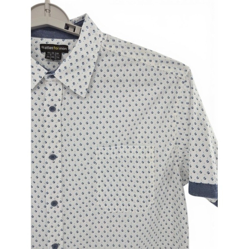 Atlas For Men White Blue Micro Leaf Print Short Sleeve Shirt Cotton Button-Up